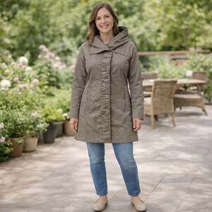 Rainforest Tan Ruched Front Packable Rain Jacket Hidden Hood M